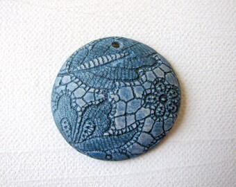 Denim Blue Lace Flower Pendant Stoneware Clay - Handmade Ceramic - for necklace - for jewelry making