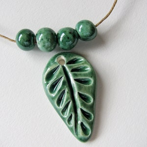 Forest Green Leaf Pendant and Beads Stoneware Clay image 3