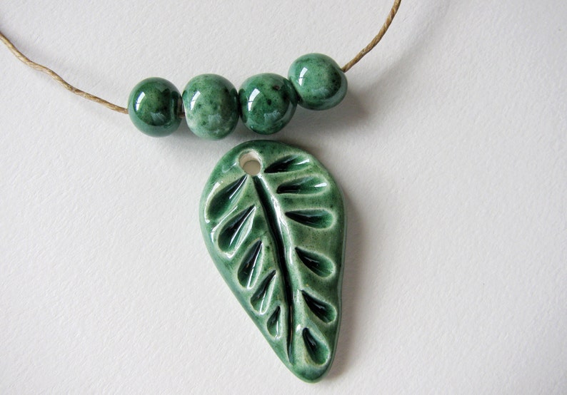 Forest Green Leaf Pendant and Beads Stoneware Clay image 3