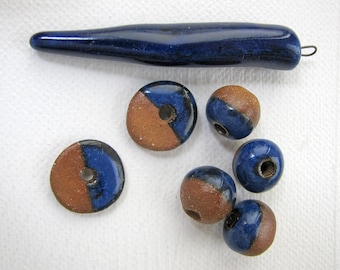 Midnight Blue Dagger Pendant and Beads - Handmade Stoneware Clay -  for necklace - jewelry making