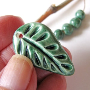 Forest Green Leaf Pendant and Beads Stoneware Clay image 2