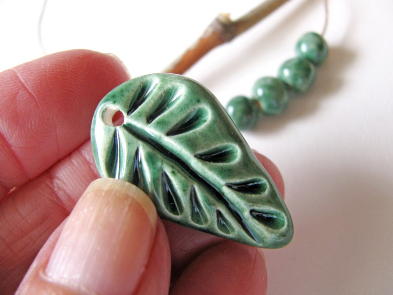 Forest Green Leaf Pendant and Beads Stoneware Clay image 2