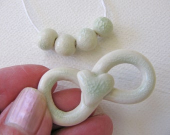 Celadon Green Infinity Pendant & Beads - Handmade Stoneware Clay - Heart - for necklace - jewelry making