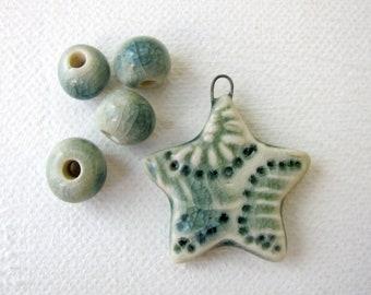 Blue Twilight Star Pendant & Beads  - Stoneware Clay - Handmade Ceramic - for necklace - jewelry making