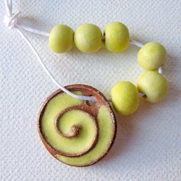 Mellow Yellow Swirl Charm & Beads  - Handmade Stoneware Clay - for necklace - jewelry making
