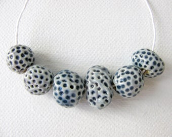 Teal Blue Nugget Beads (6) Stoneware Clay