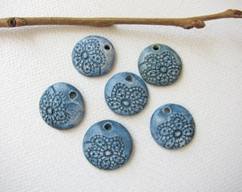Denim Blue Lace Flower Charms Stoneware Clay - Handmade Ceramic - for necklace - jewelry making - earrings