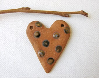 Golden Dots Heart Pendant - Stoneware Clay - Handmade Ceramic - for necklace  - jewelry making