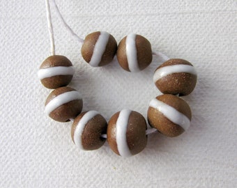 Woodsy Brown & White Striped Beads Stoneware Clay (8) - Beads For jewelry - earrings - necklace - ankle