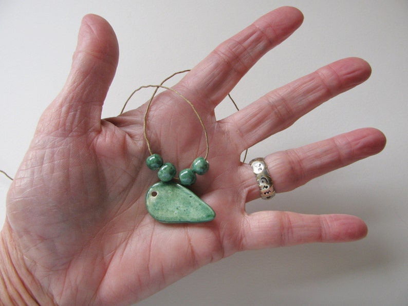 Forest Green Leaf Pendant and Beads Stoneware Clay image 4