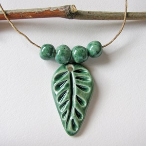 Forest Green Leaf Pendant and Beads Stoneware Clay image 1