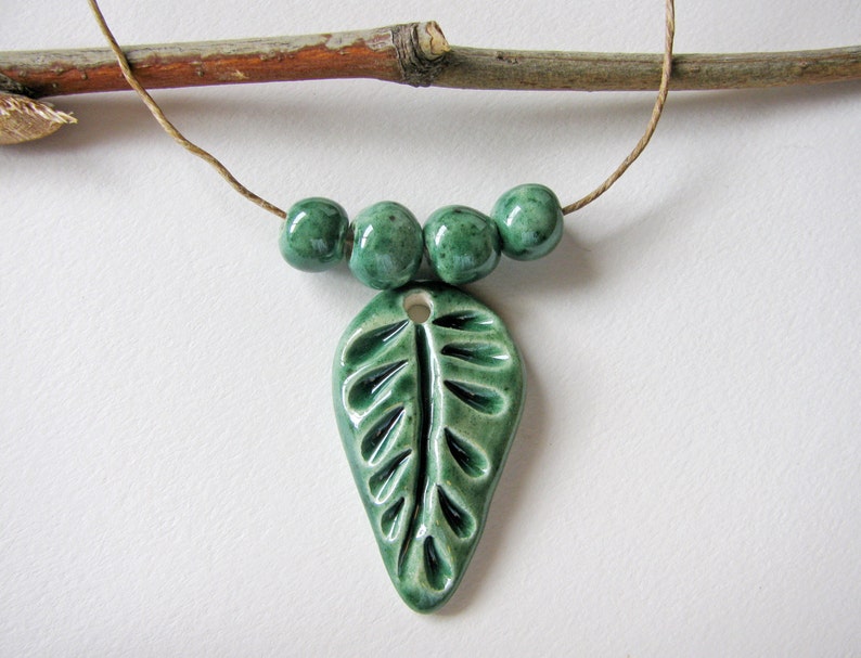 Forest Green Leaf Pendant and Beads Stoneware Clay image 1