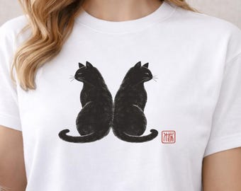 Black Cat Tee | Cat Silhouette Short Sleeve Shirt, Japanese Ink Style Shirt, Cat Gifts