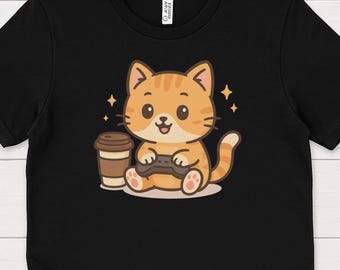Kawaii Gamer Cat T-Shirt, Coffee Graphic Tee