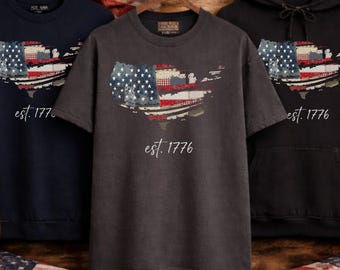 Faux Patchwork American Flag Shirt, Est 1776 Patriotic Shirt, Rustic USA Flag Tee, Vintage 4th of July Shirt, Americana Hoodie Sweatshirt