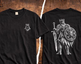 Dark Knight Shirt, Medieval Fantasy T-Shirt, Gothic Warrior Armor Tee, Sword Shield Knight Back Print Shirt, Fantasy Gamer Tee