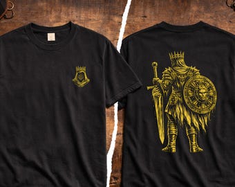 Dark Knight Shirt, Medieval Fantasy T-Shirt, Gothic Warrior Armor Tee, Sword Shield Knight Back Print Shirt, Fantasy Gamer Tee