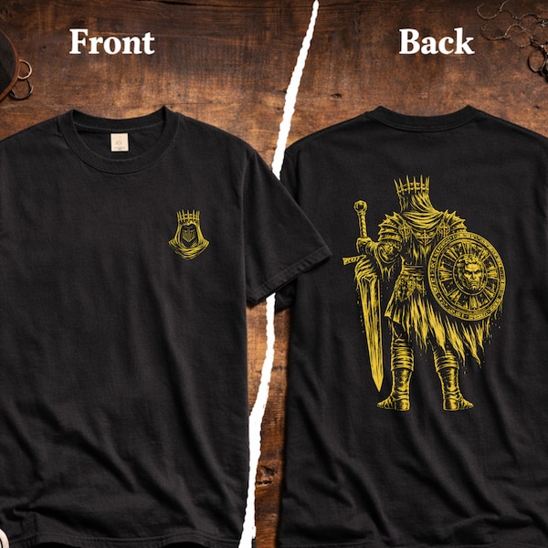 Mörk riddare-tröja, medeltida fantasy-t-shirt, gotisk krigare-rustning-t-shirt, svärd- och sköldriddare-tröja med tryck på ryggen, fantasy-gamer-tröja