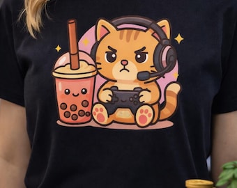 Kawaii Gamer Cat T-Shirt | Boba Tea, Chibi Style, Cats Gift