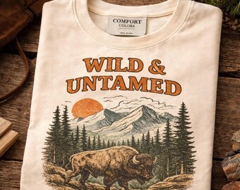 Wildlife Graphic T-Shirt, Bison Nature Tee, Comfort Colors® Pepper Shirt, Vintage Forest Adventure Top, Rustic Outdoor Gift