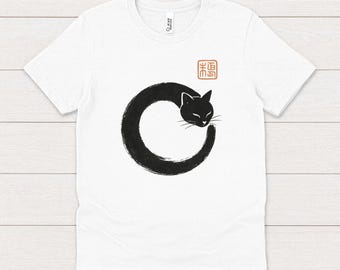 Zen Enso Black Cat T-Shirt, Sumi-e Art Tee