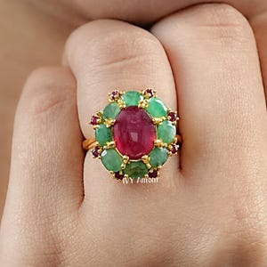 Oval Ruby & Emerald Gemstone Halo Ring | Delicate Ruby Gem Victorian Ring | Handmade Gemstone Bridal Jewelry | 22KT Gold Plated Jewelry