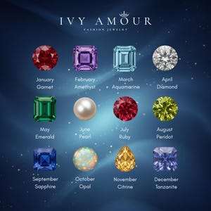 Puede incluir: Imagen promocional de joyer&iacute;a con una selecci&oacute;n de piedras preciosas, cada una representando un mes del a&ntilde;o. Las piedras incluyen granate, amatista, aguamarina, diamante, esmeralda, perla, rub&iacute;, peridoto, zafiro, &oacute;palo, citrino y tanzanita. El texto "IVY AMOUR FASHION JEWELRY" est&aacute; en la parte superior.