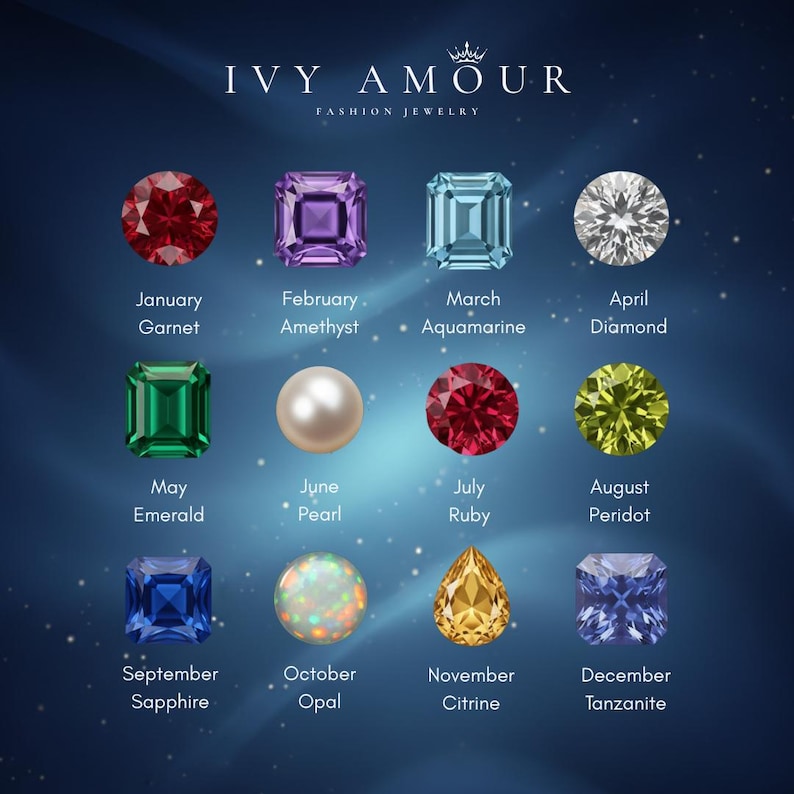 Puede incluir: Imagen promocional de joyer&iacute;a con una selecci&oacute;n de piedras preciosas, cada una representando un mes del a&ntilde;o. Las piedras incluyen granate, amatista, aguamarina, diamante, esmeralda, perla, rub&iacute;, peridoto, zafiro, &oacute;palo, citrino y tanzanita. El texto "IVY AMOUR FASHION JEWELRY" est&aacute; en la parte superior.