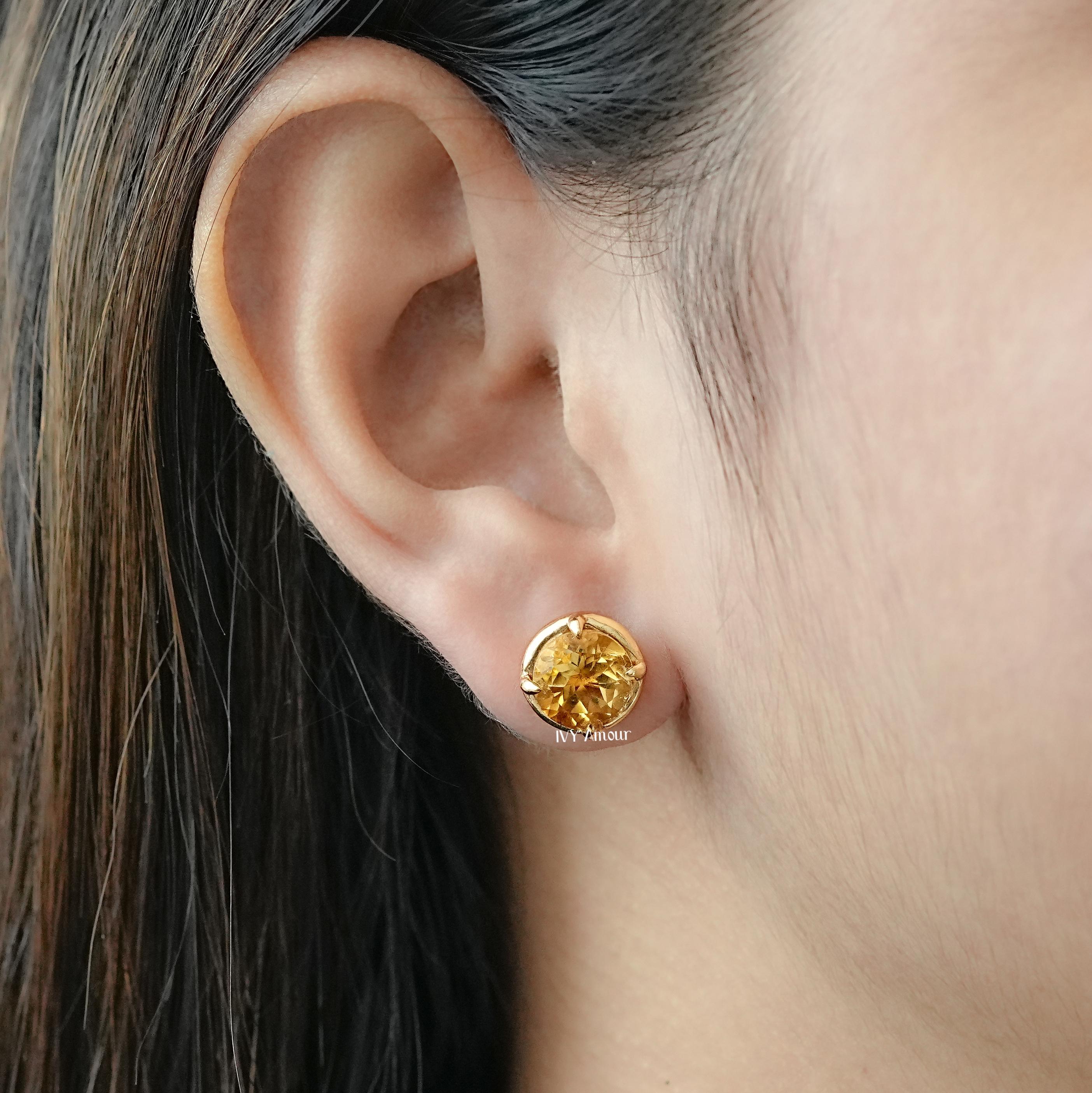 Yellow Citrine Gemstone Solitaire Stud Earrings 925 Silver Round Gemstone Studs Warm Yellow Birthstone Jewelry Everyday Wear Earrings