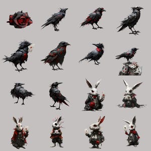 Gothic clipart digital download with surreal crows and rabbits, ideal for junk journals and scrapbooking.