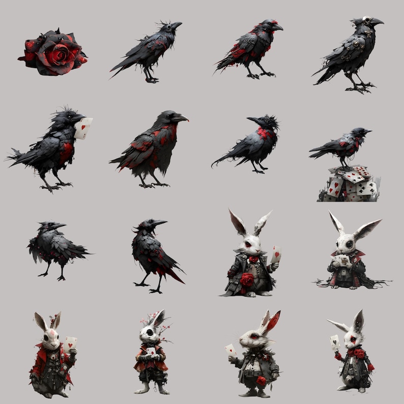 Gothic clipart digital download with surreal crows and rabbits, ideal for junk journals and scrapbooking.