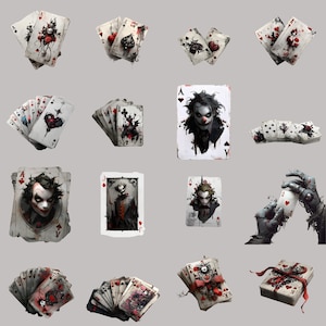 Gothic clipart PNG bundle for junk journals, featuring surreal playing cards; digital download ready.