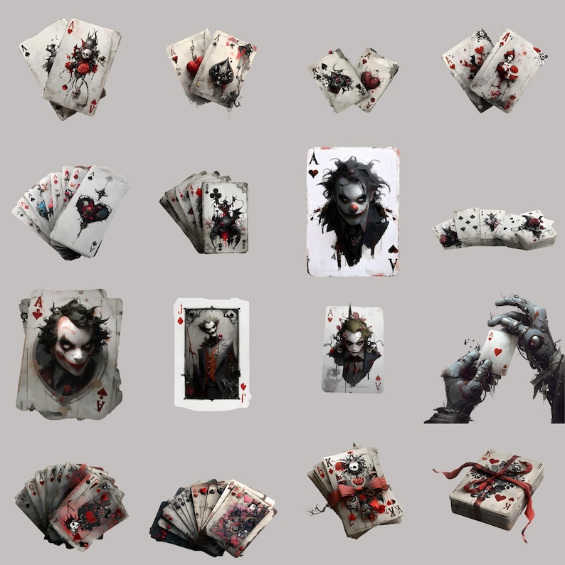 Gothic clipart PNG bundle for junk journals, featuring surreal playing cards; digital download ready.