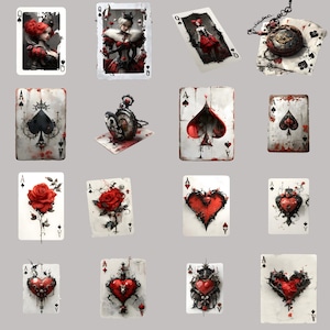 Gothic clipart PNG bundle for junk journals, featuring surreal playing card designs and digital download elements.