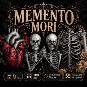 Könnte beinhalten: Eine digitale Grafik mit dem goldenen Schriftzug MEMENTO MORI, zentriert über zwei Skeletten mit betenden Händen, die einen Rosenkranz halten. Links ein großes rotes anatomisches Herz, rechts ein Brustkorb, umgeben von Rosen.