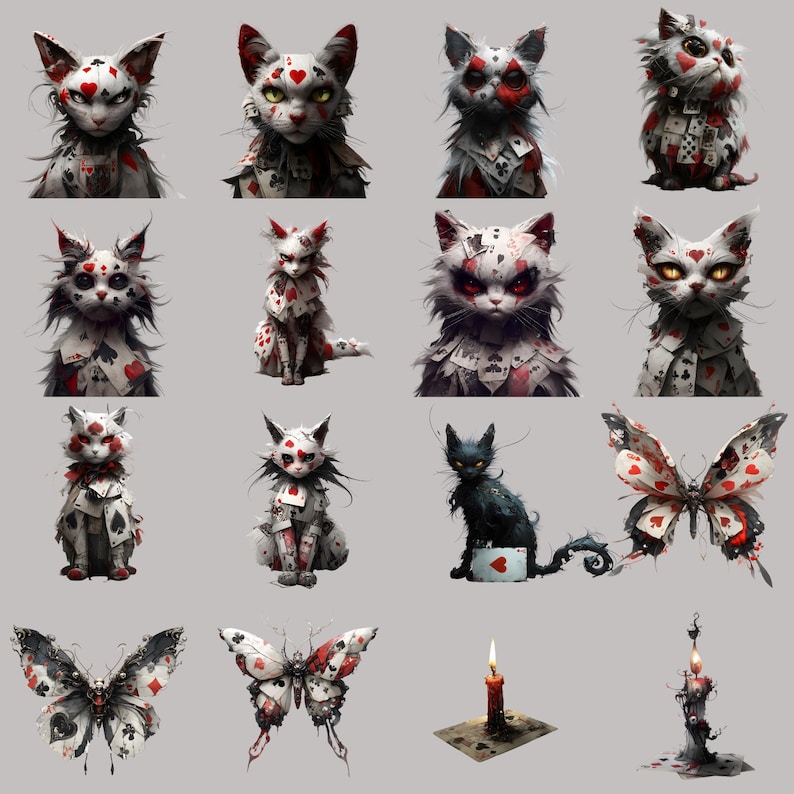 High-resolution Gothic clipart PNG bundle with cat and butterfly designs for junk journals and digital downloads.