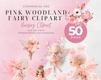 Lot de cliparts fées des bois roses, fées mignonnes aquarelles pour anniversaires et projets de baby shower