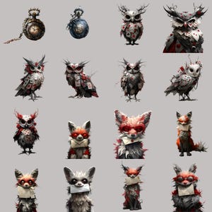 Gothic clipart PNGs featuring fantasy owls and foxes, ideal for junk journal and scrapbooking designs.