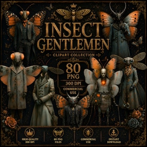 Może przedstawiać: Kolekcja grafiki cyfrowej zatytułowana "Insect Gentlemen" przedstawiająca antropomorficzne owady w formalnych strojach. Obraz przedstawia różne owady ze skrzydłami motyli, ubrane w garnitury i płaszcze, z tekstem "80 PNG" i "Commercial Use".