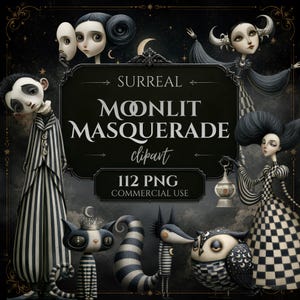Könnte beinhalten: Digitales Kunstbild mit surrealen Figuren in Schwarz, Weiß und Grau. Der Text lautet "Surreal Moonlit Masquerade Clipart, 112 PNG, Commercial Use." Die Kunstwerke zeigen Figuren mit übertriebenen Merkmalen und gestreiften Mustern.