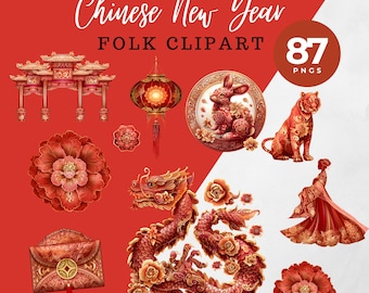 Bundle PNG nouvel an chinois, décoration de fête du printemps, clipart nouvel an lunaire et graphiques de dragon asiatique