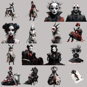 Gothic clipart PNG bundle for scrapbooking, digital art, featuring surreal fantasy characters in dark, whimsical designs.