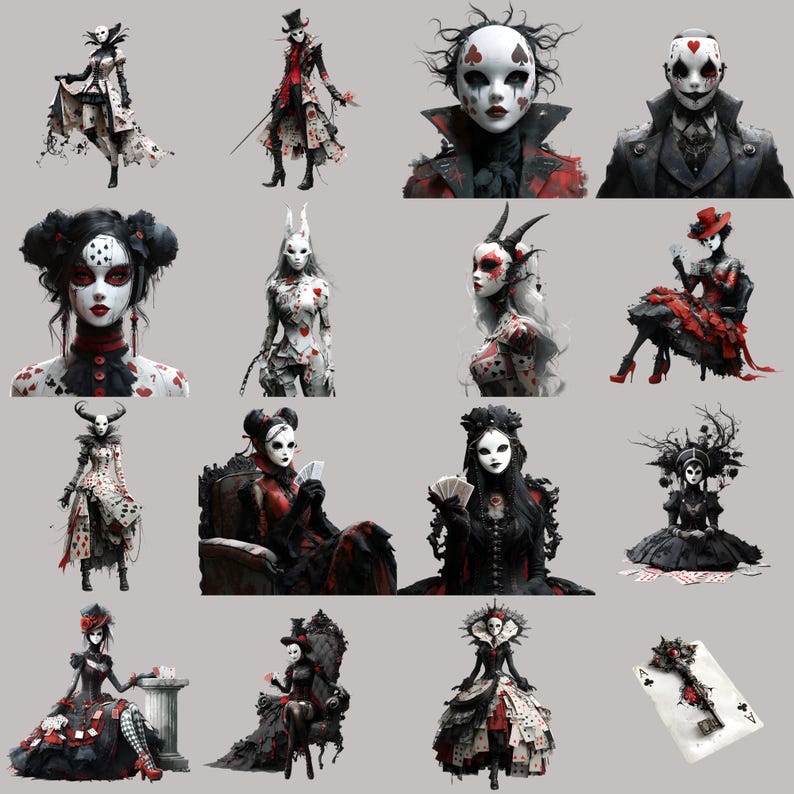 Gothic clipart PNG bundle for scrapbooking, digital art, featuring surreal fantasy characters in dark, whimsical designs.