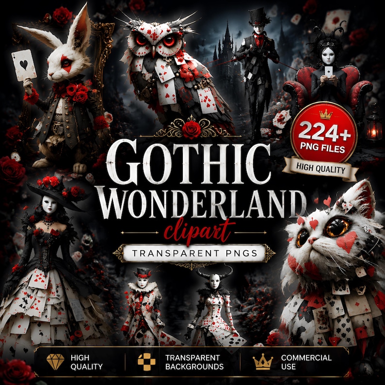 K&ouml;nnte beinhalten: Digitale Kunstsammlung "Gothic Wonderland clipart" mit Fantasy-Charakteren wie Hase, Eule und Katze, alle mit Spielkartenmotiven verziert. Der Text "224+ PNG FILES" und "HIGH QUALITY" ist enthalten.