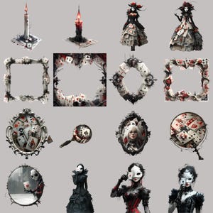 Gothic clipart PNG for scrapbooking, digital download featuring unique characters and playing cards.
