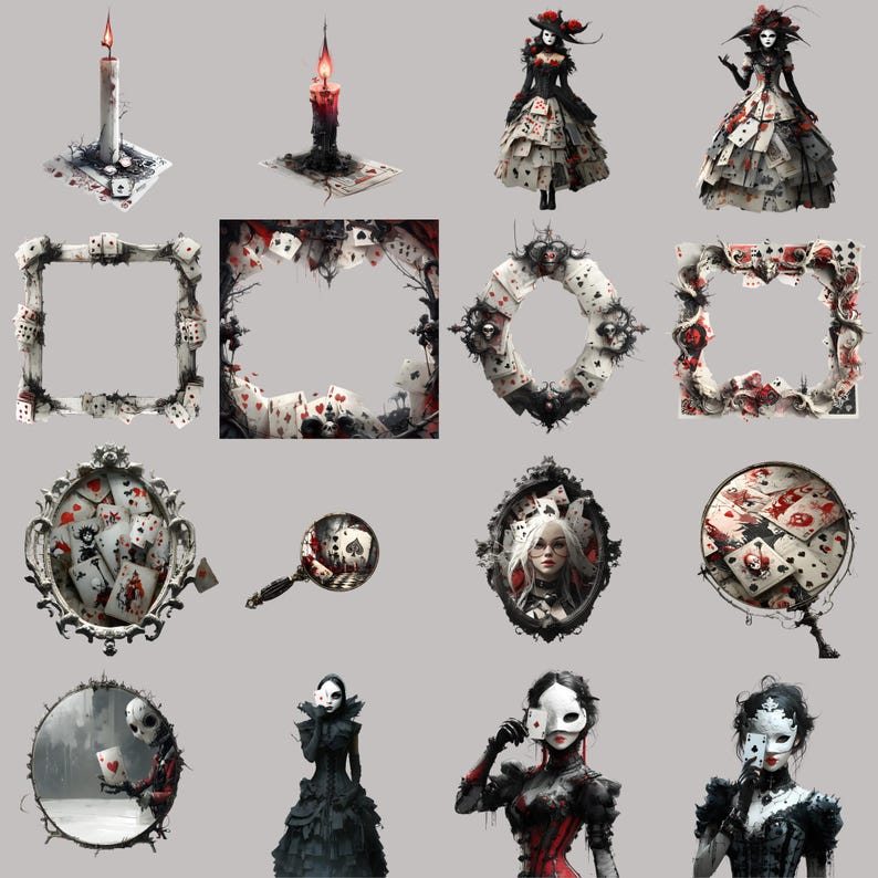 Gothic clipart PNG for scrapbooking, digital download featuring unique characters and playing cards.