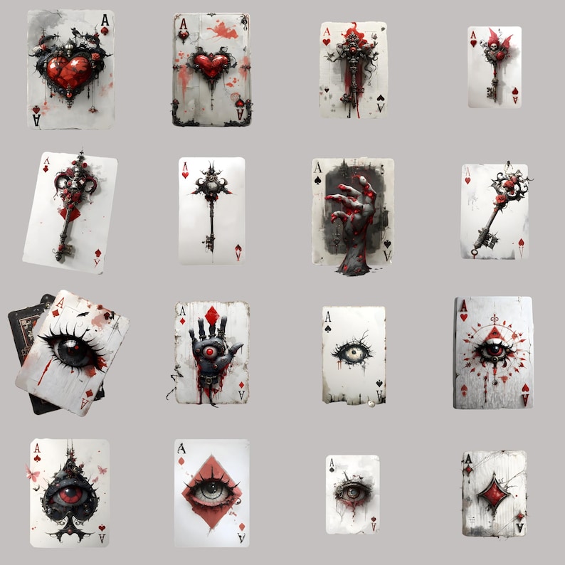 Gothic clipart PNG bundle featuring dark fantasy playing cards, perfect for junk journal and scrapbooking projects.