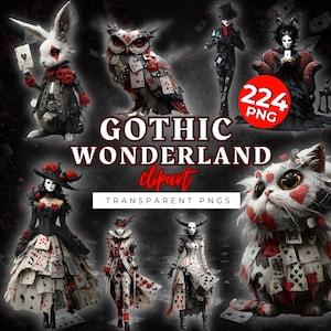 May include: A digital art collection featuring gothic-themed characters and creatures. The image includes a white rabbit, an owl, a cat, and several figures in elaborate costumes. The text "Gothic Wonderland Clipart" is displayed prominently, along with "224 PNG" and "Transparent PNGs."
