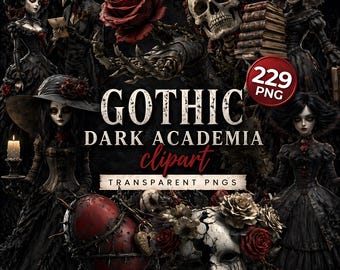 Dark Gothic Clipart Bundle, einzigartige Dark Academia Vintage PNG Set für Scrapbooking und Collagen-Projekte