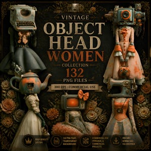 May include: A vintage-themed digital art piece featuring figures with object heads, including a typewriter, camera, teapot, television, and sewing machine. The text reads "OBJECT HEAD WOMEN COLLECTION 132 PNG FILES 300 DPI COMMERCIAL USE". The artwork has a dark, antique aesthetic.